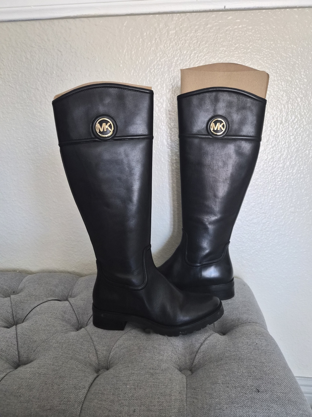 Michael Kors Black Leather Tall Riding Boots with Gold MK Emblem
